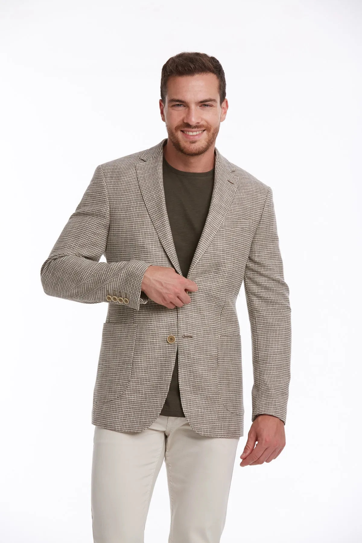 Slim Fit Notch Lapel Patterned Cotton Blend Khaki Classic Blazer, Beige D.