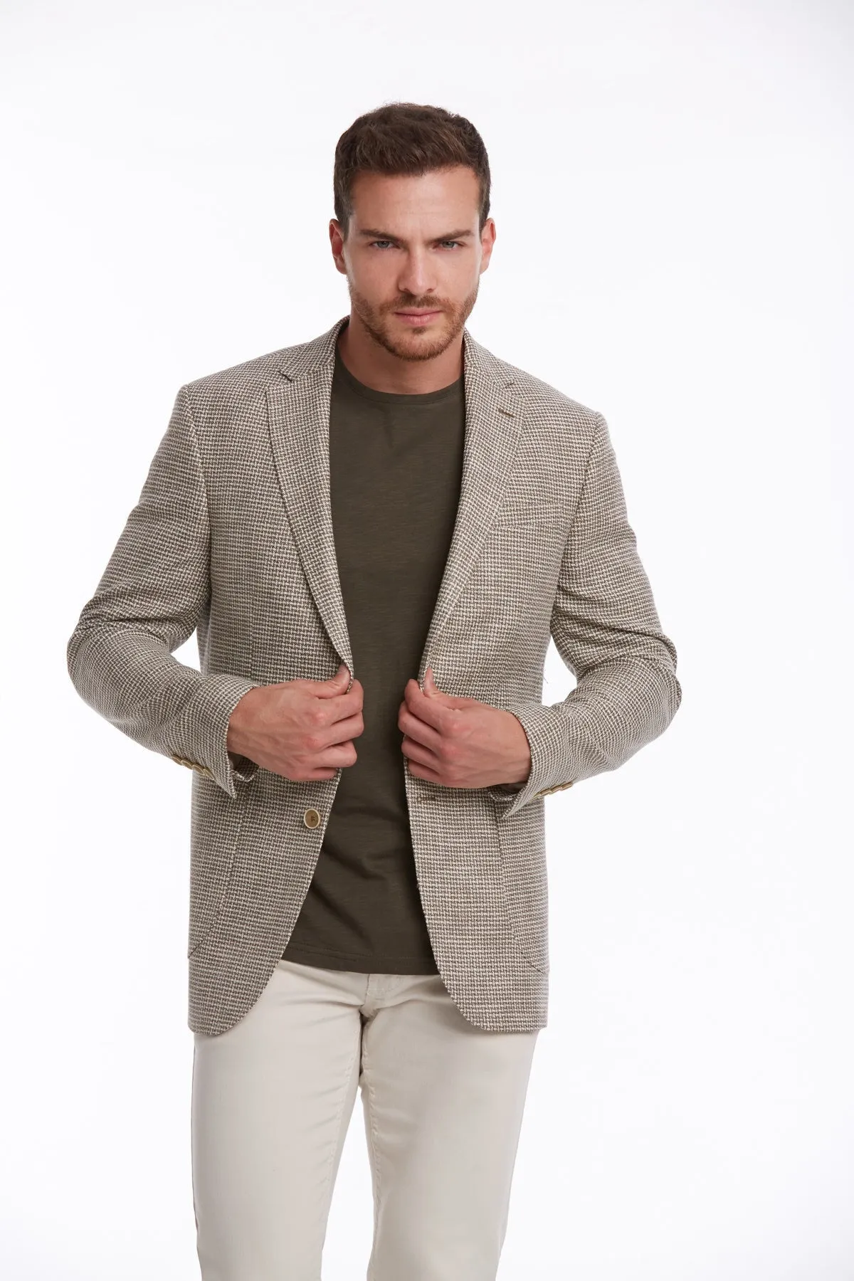 Slim Fit Notch Lapel Patterned Cotton Blend Khaki Classic Blazer, Beige D.
