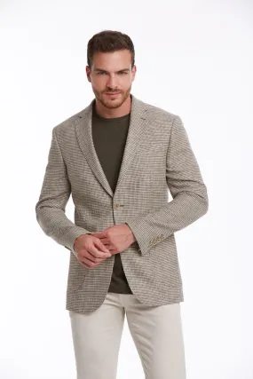 Slim Fit Notch Lapel Patterned Cotton Blend Khaki Classic Blazer, Beige D.