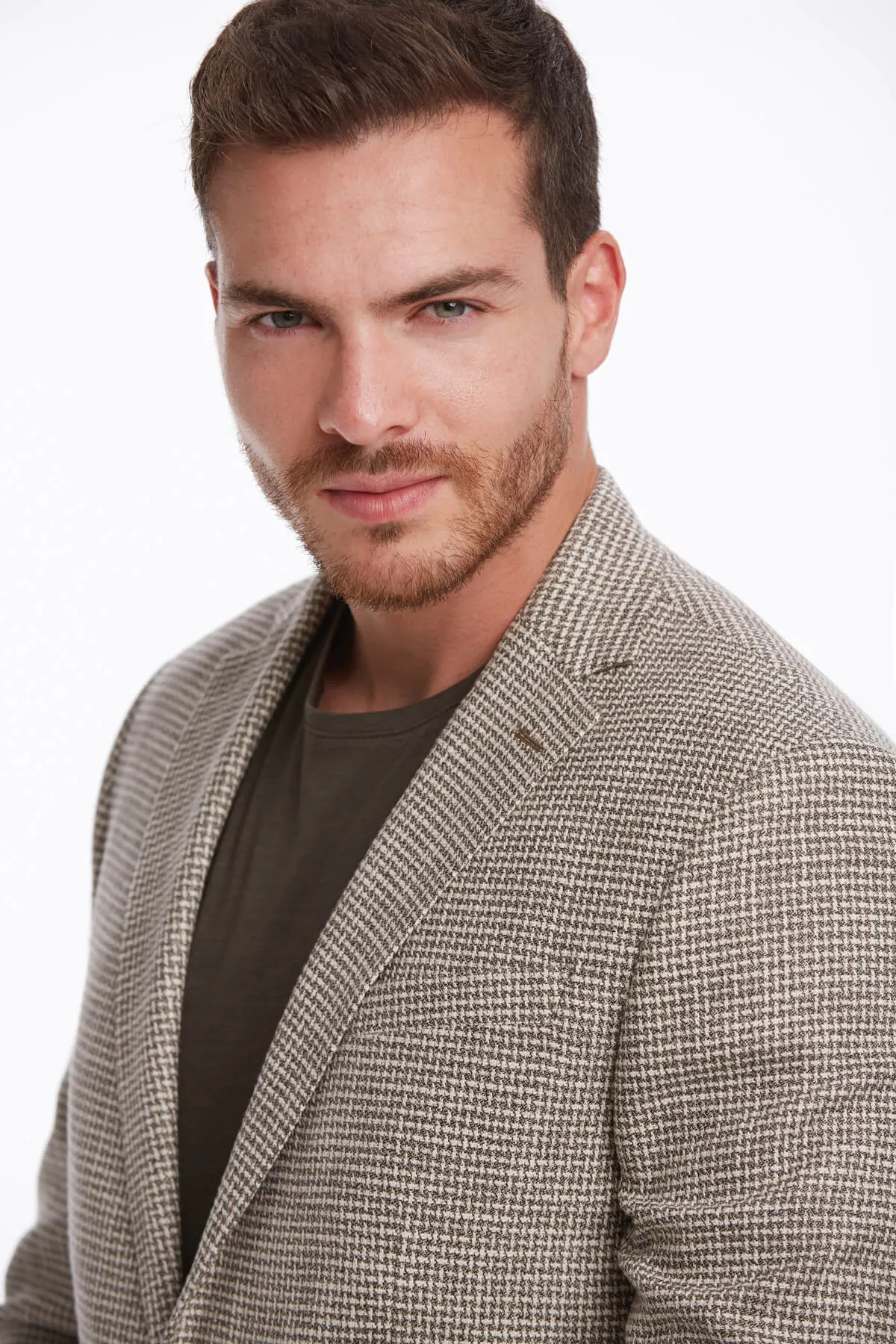 Slim Fit Notch Lapel Patterned Cotton Blend Khaki Classic Blazer, Beige D.