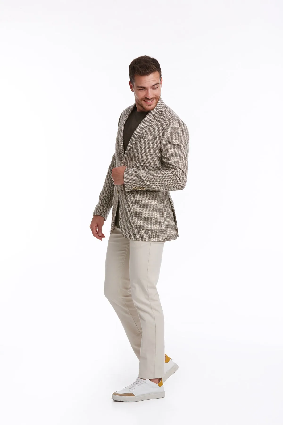 Slim Fit Notch Lapel Patterned Cotton Blend Khaki Classic Blazer, Beige D.