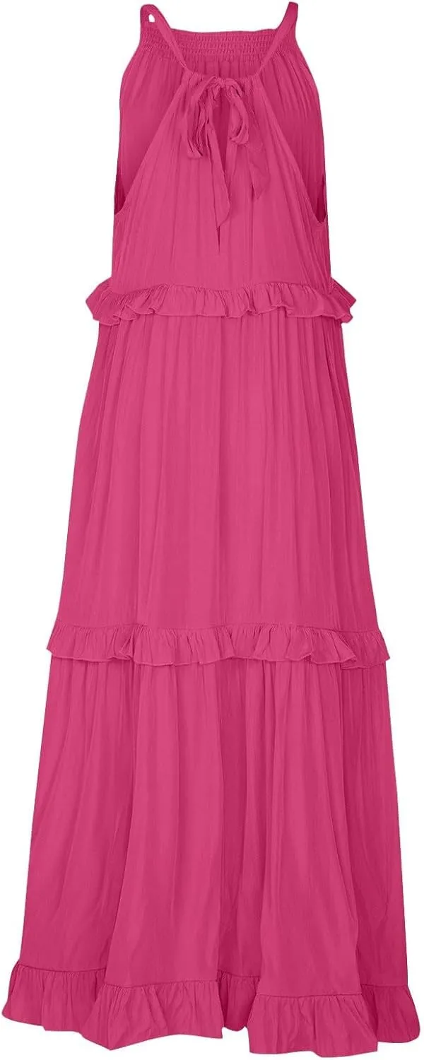 Summer Dresses for Women 2025 Sundress Sleeveless Crewneck Ruffle Hem Dress Beach Vacation Flowy Swing Dress