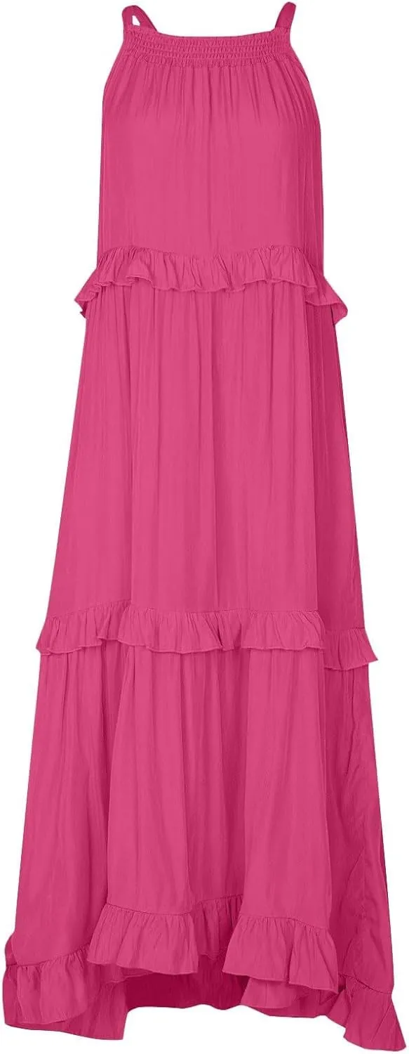 Summer Dresses for Women 2025 Sundress Sleeveless Crewneck Ruffle Hem Dress Beach Vacation Flowy Swing Dress