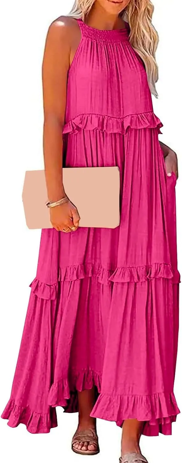 Summer Dresses for Women 2025 Sundress Sleeveless Crewneck Ruffle Hem Dress Beach Vacation Flowy Swing Dress