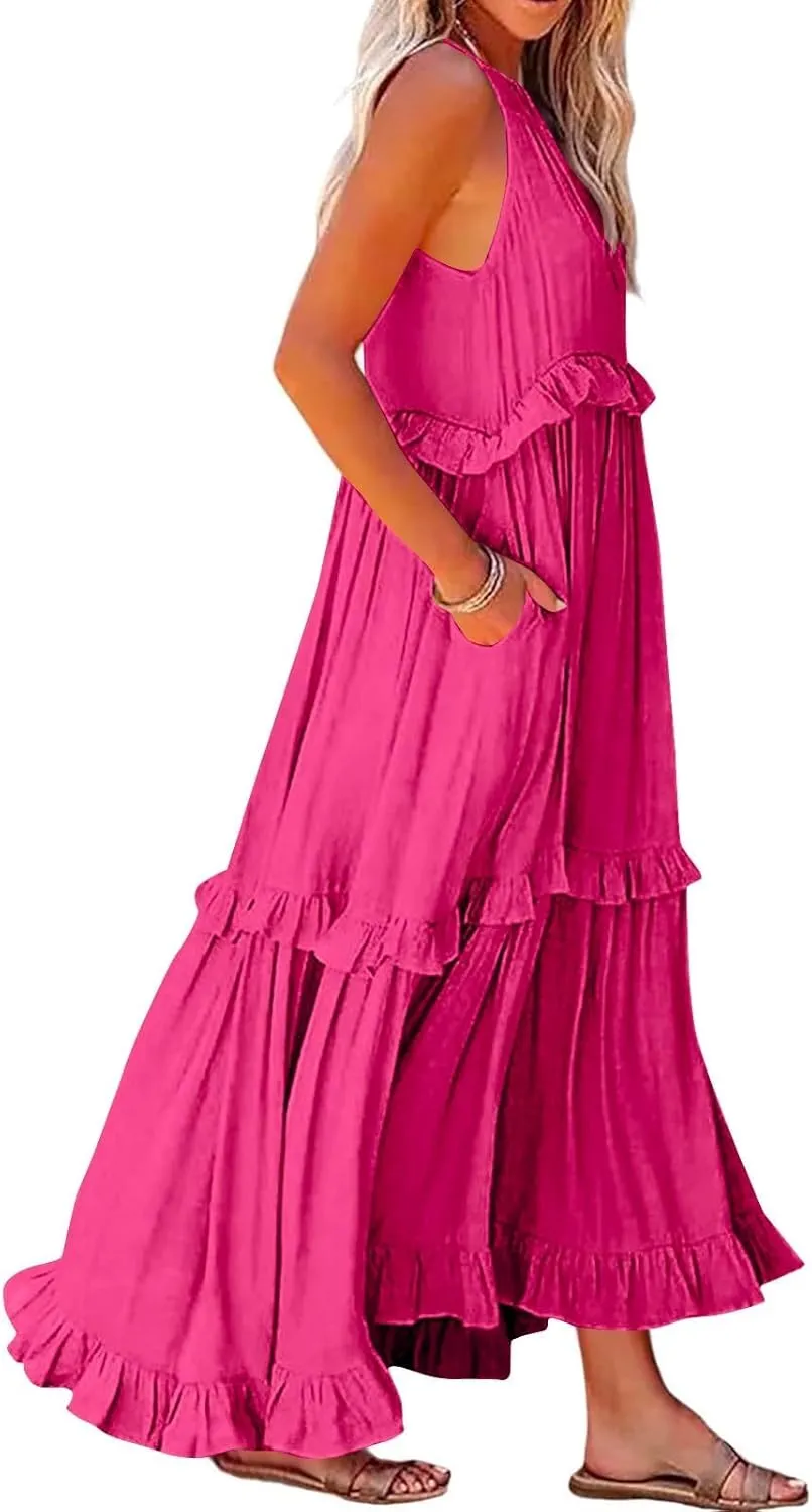 Summer Dresses for Women 2025 Sundress Sleeveless Crewneck Ruffle Hem Dress Beach Vacation Flowy Swing Dress