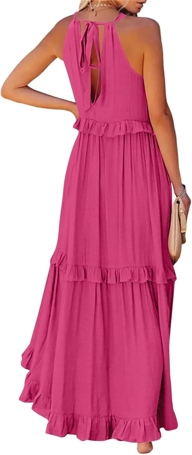 Summer Dresses for Women 2025 Sundress Sleeveless Crewneck Ruffle Hem Dress Beach Vacation Flowy Swing Dress