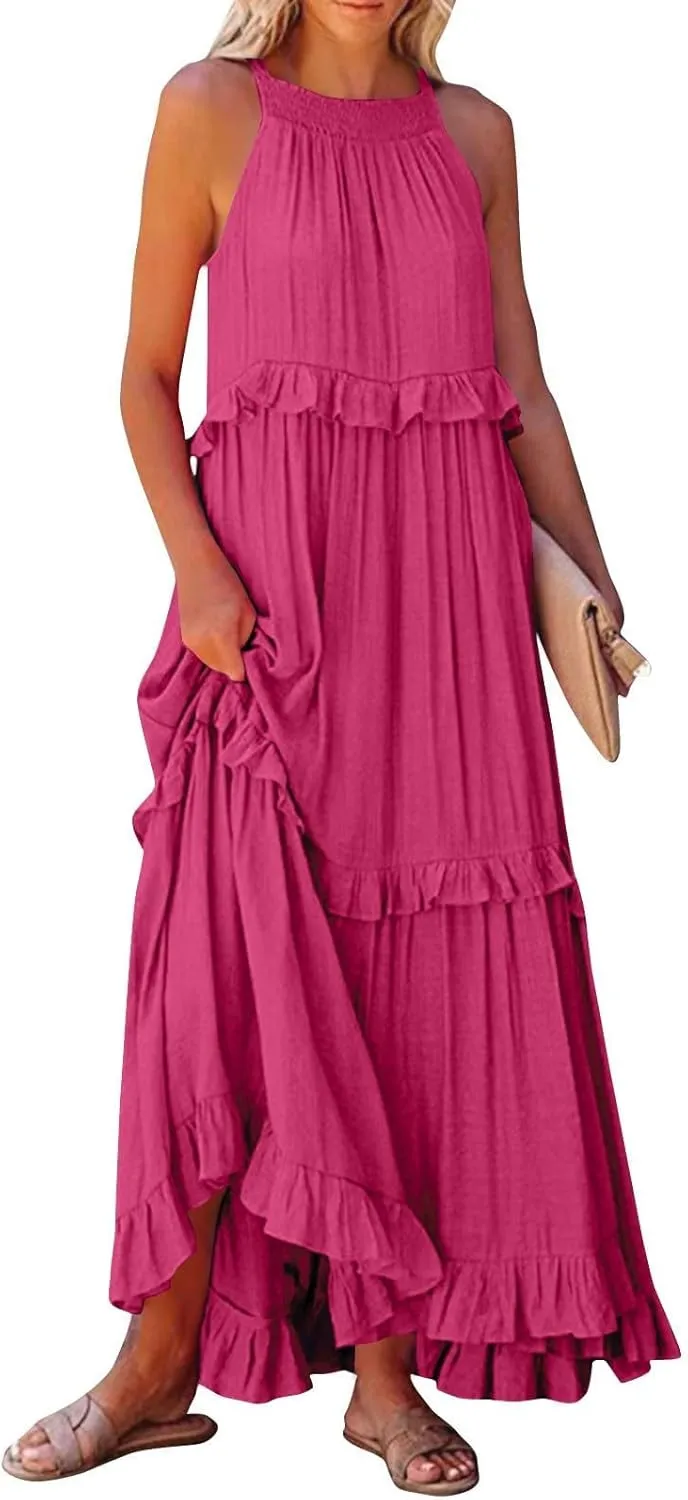 Summer Dresses for Women 2025 Sundress Sleeveless Crewneck Ruffle Hem Dress Beach Vacation Flowy Swing Dress