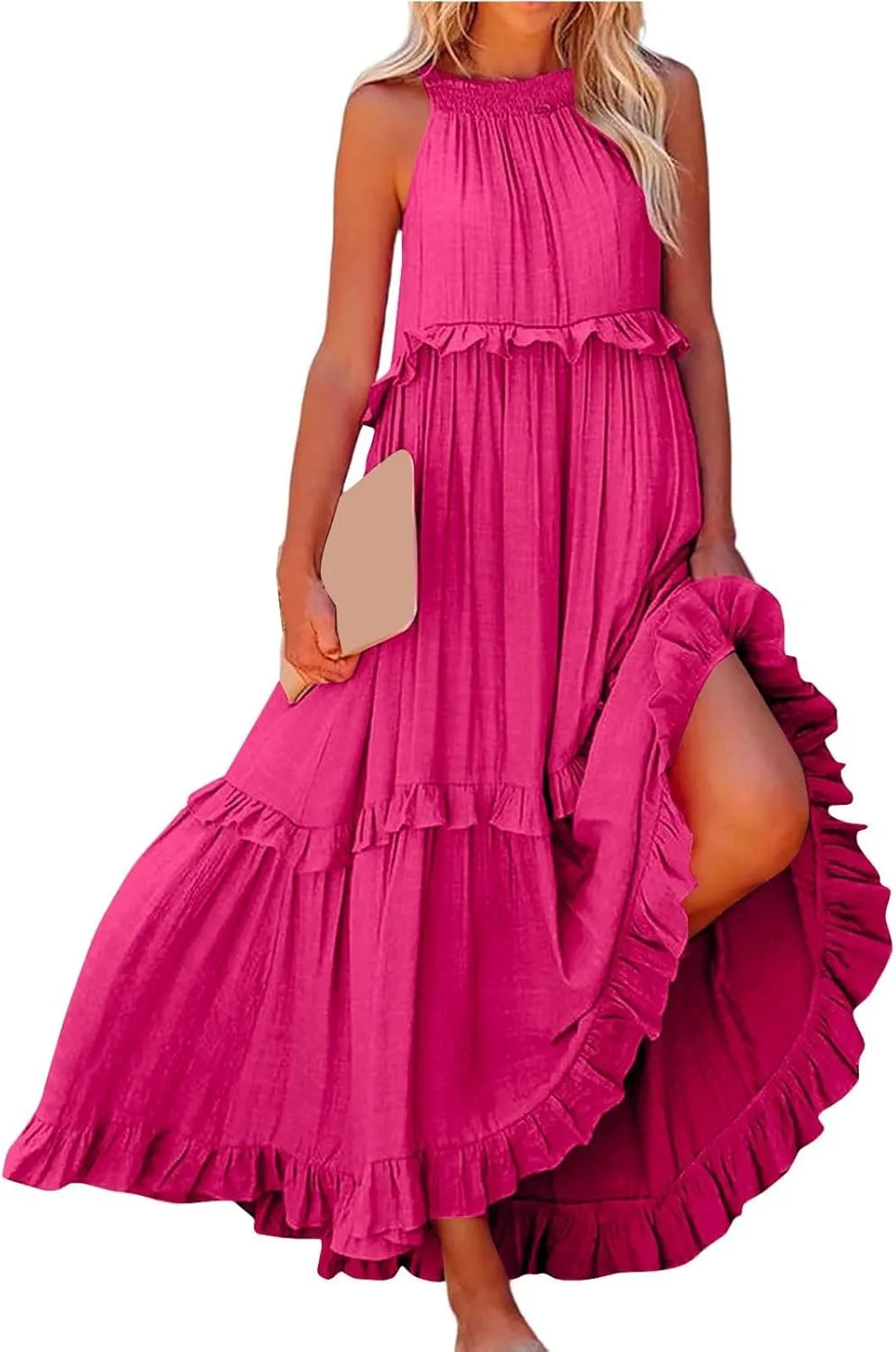 Summer Dresses for Women 2025 Sundress Sleeveless Crewneck Ruffle Hem Dress Beach Vacation Flowy Swing Dress