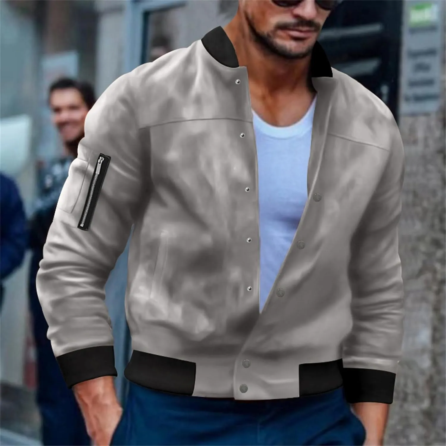 Thatrich Mens Cropped Bomber Jacket Lightweight Button Down Shirt Flight Motorcycle Jacket Faux Leather Vintage Jackets Coats