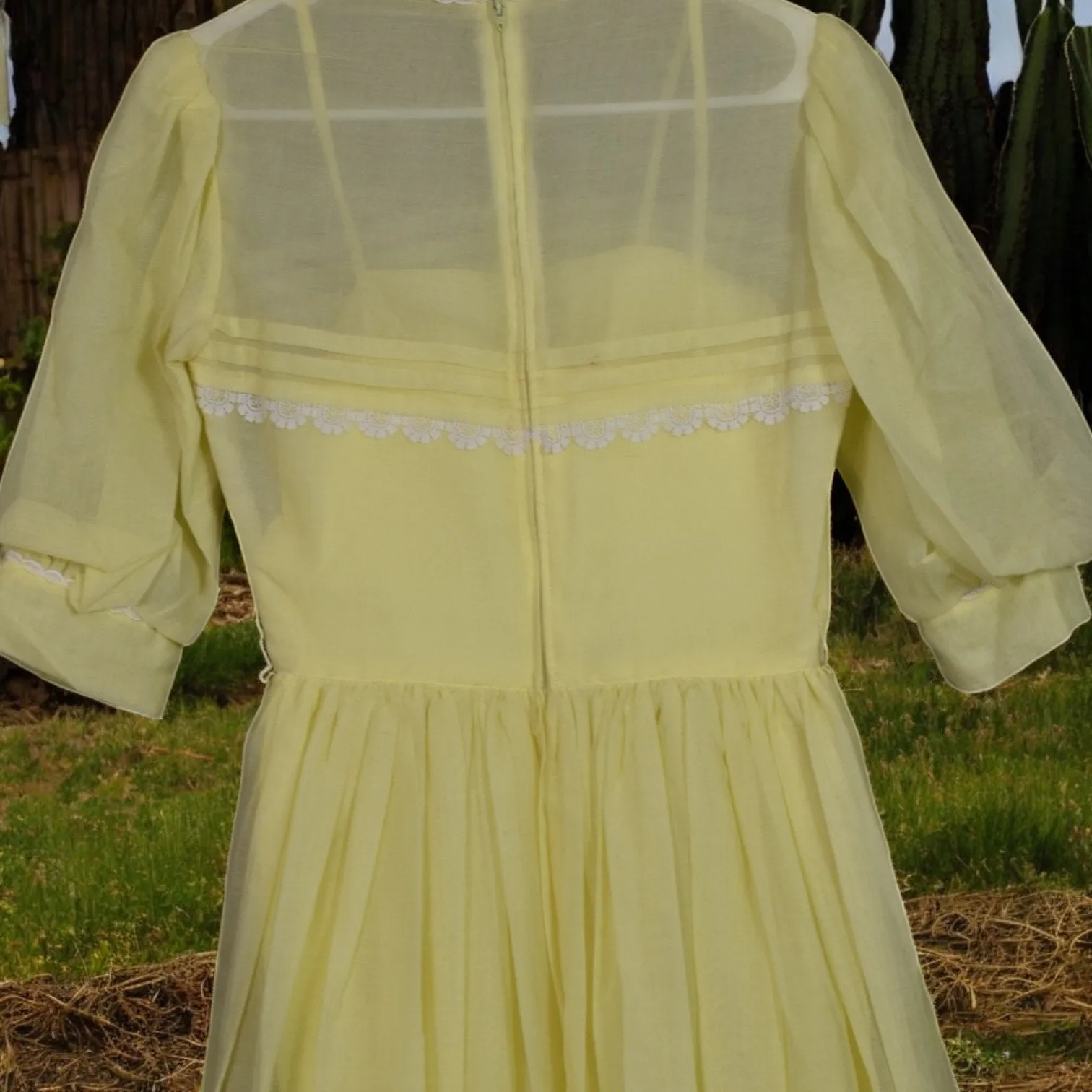 Vintage Pastel Yellow Dress Metal Zipper Puff Sleeve Prairie Cotton Voile Sheer Size XS