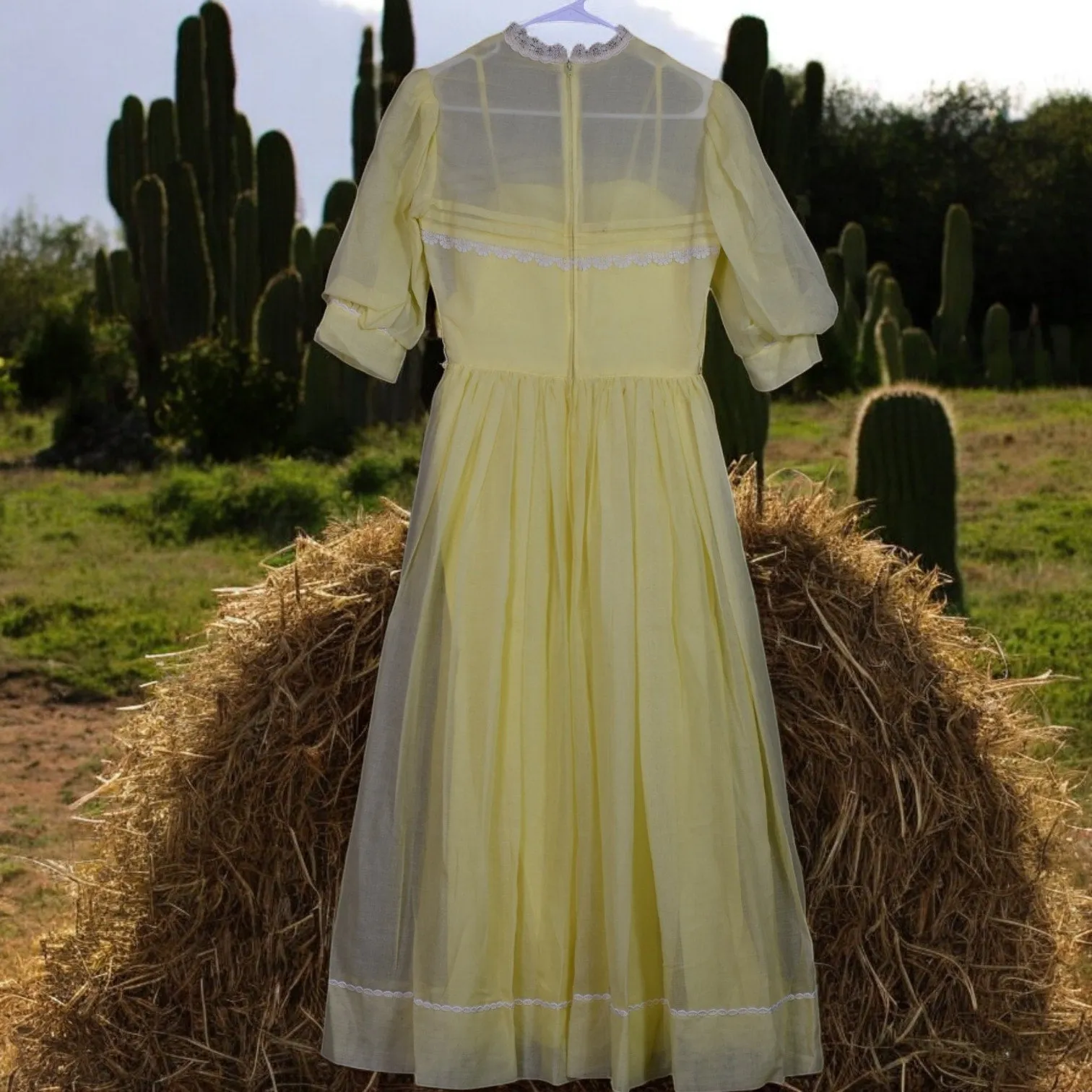 Vintage Pastel Yellow Dress Metal Zipper Puff Sleeve Prairie Cotton Voile Sheer Size XS