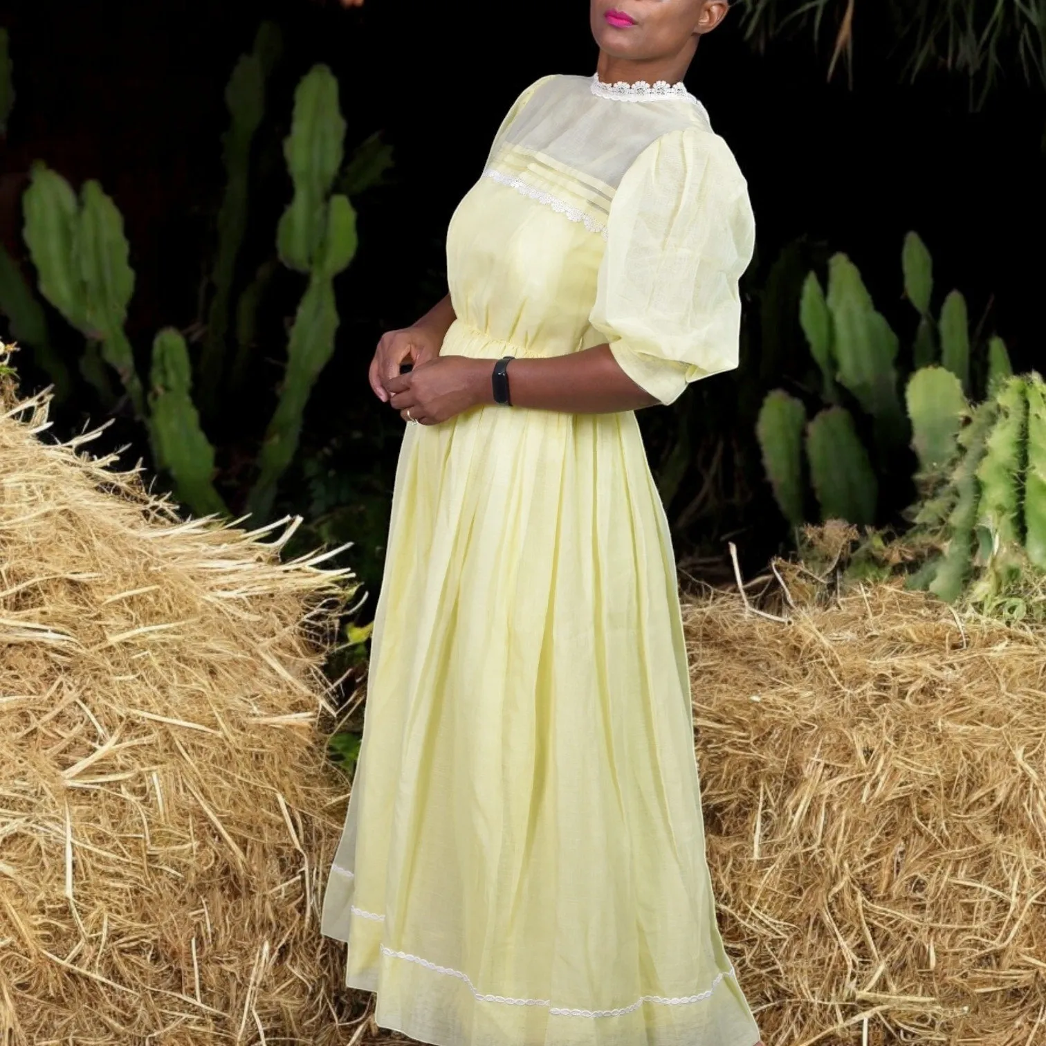 Vintage Pastel Yellow Dress Metal Zipper Puff Sleeve Prairie Cotton Voile Sheer Size XS