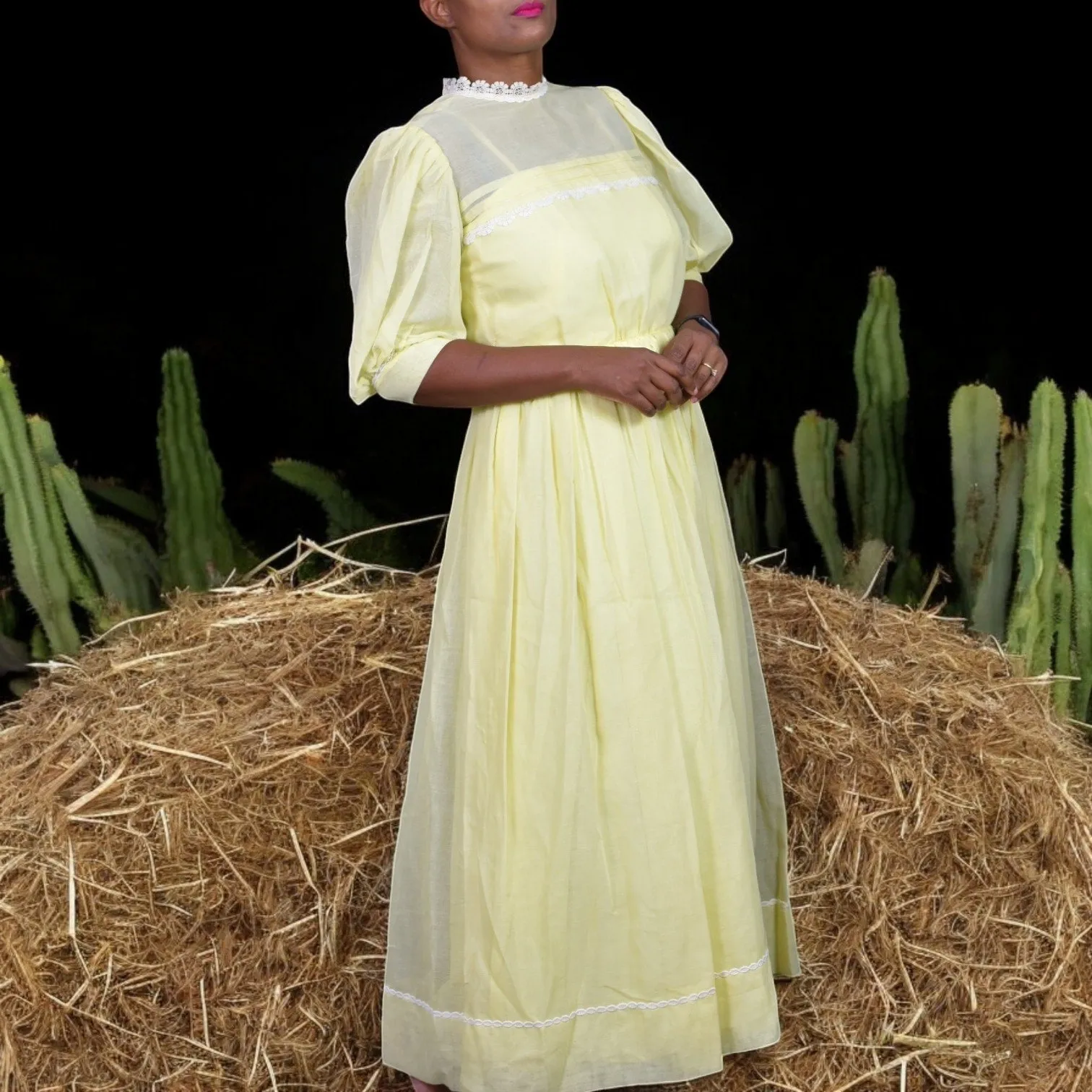Vintage Pastel Yellow Dress Metal Zipper Puff Sleeve Prairie Cotton Voile Sheer Size XS
