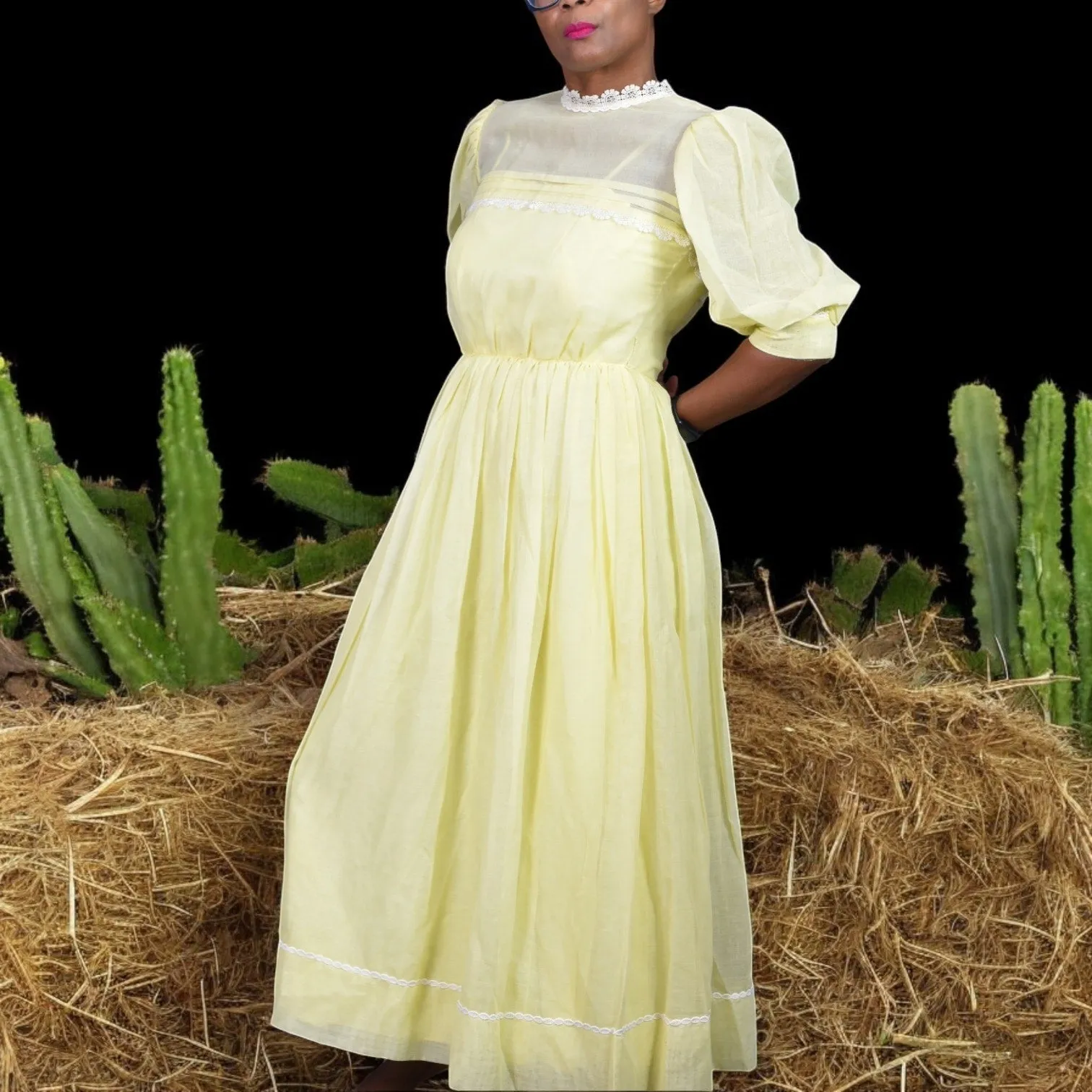 Vintage Pastel Yellow Dress Metal Zipper Puff Sleeve Prairie Cotton Voile Sheer Size XS