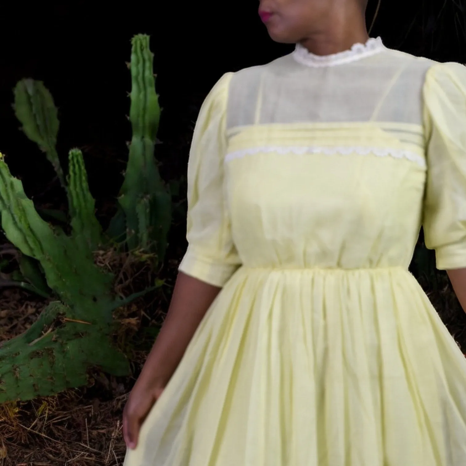 Vintage Pastel Yellow Dress Metal Zipper Puff Sleeve Prairie Cotton Voile Sheer Size XS