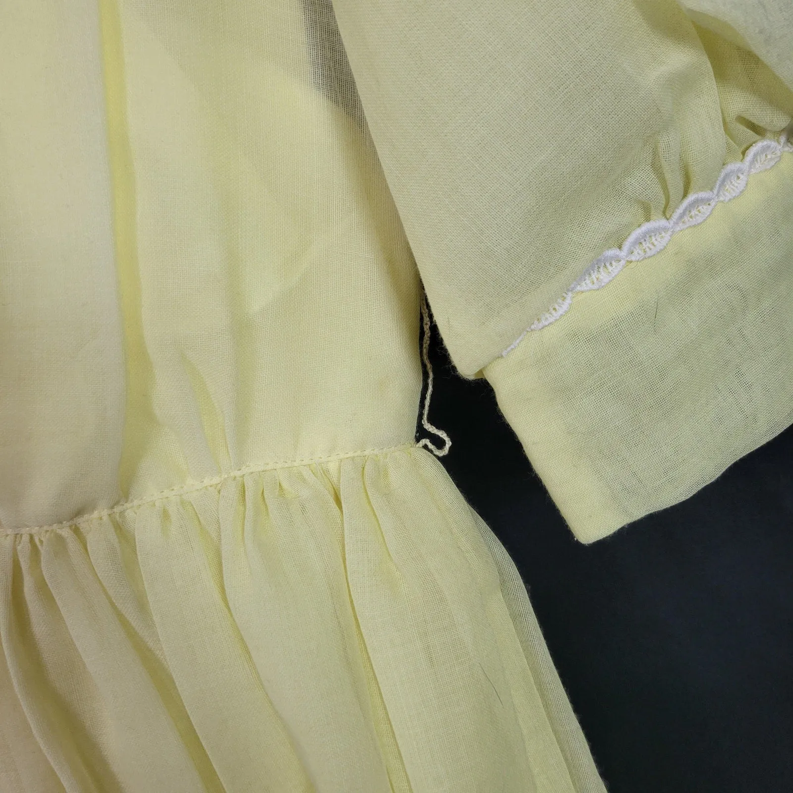 Vintage Pastel Yellow Dress Metal Zipper Puff Sleeve Prairie Cotton Voile Sheer Size XS