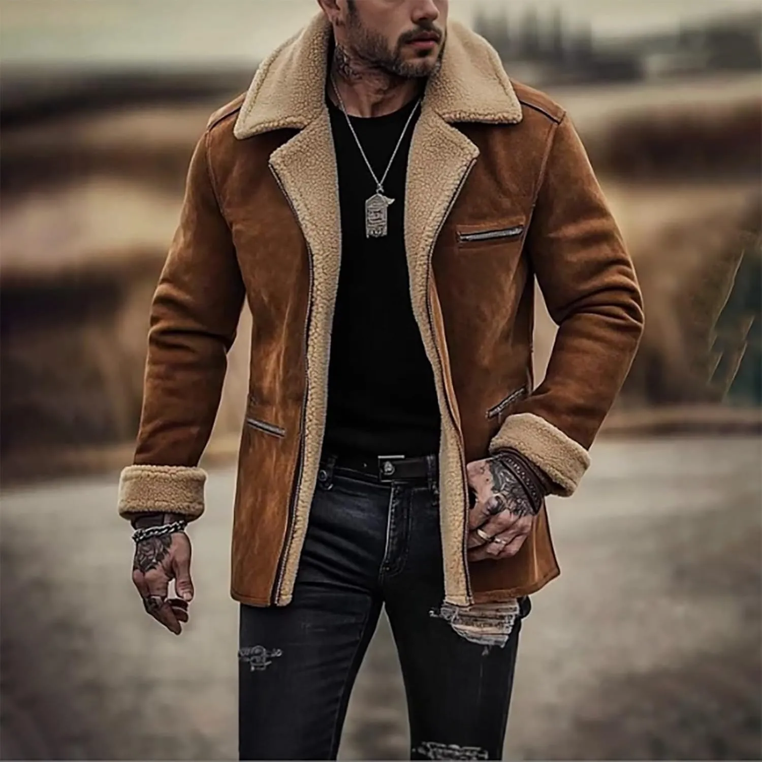 Vintage Suede Jacket for Men Retro Heavyweight Sherpa Lined Plush Reversed Collar Winter Warm Coats Outdoor Jacket