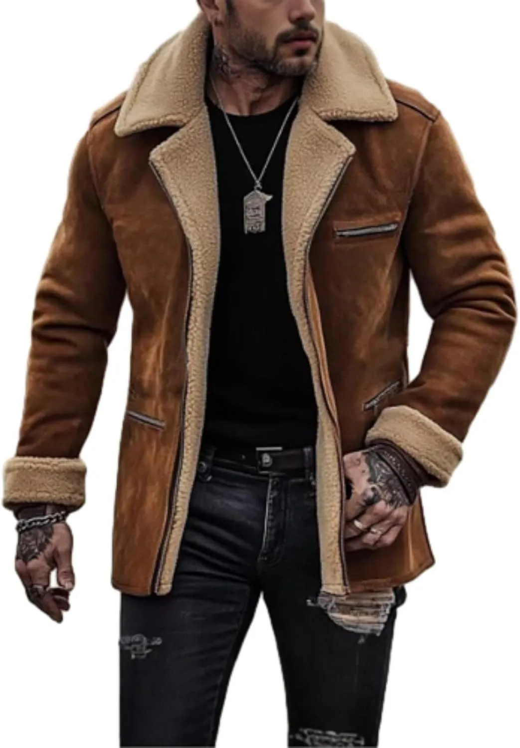 Vintage Suede Jacket for Men Retro Heavyweight Sherpa Lined Plush Reversed Collar Winter Warm Coats Outdoor Jacket