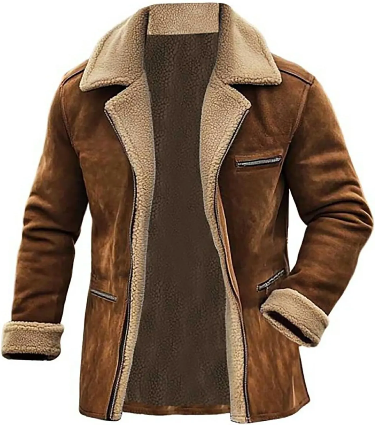 Vintage Suede Jacket for Men Retro Heavyweight Sherpa Lined Plush Reversed Collar Winter Warm Coats Outdoor Jacket