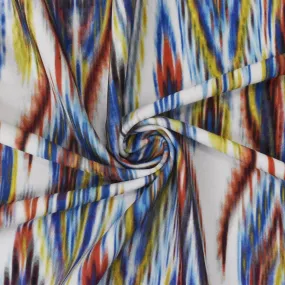 White-Multi Abstract Ikat Print Stretch poly Tricot Knit Swimwear Fabric