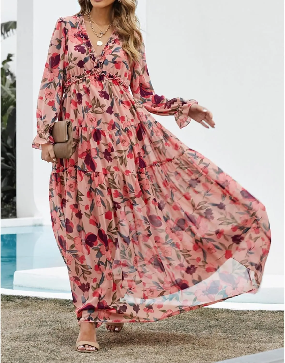 Women Summer Dresses V-Neck Floral Long Dress Casual Puff Sleeve Square Neck Floral Formal Dress