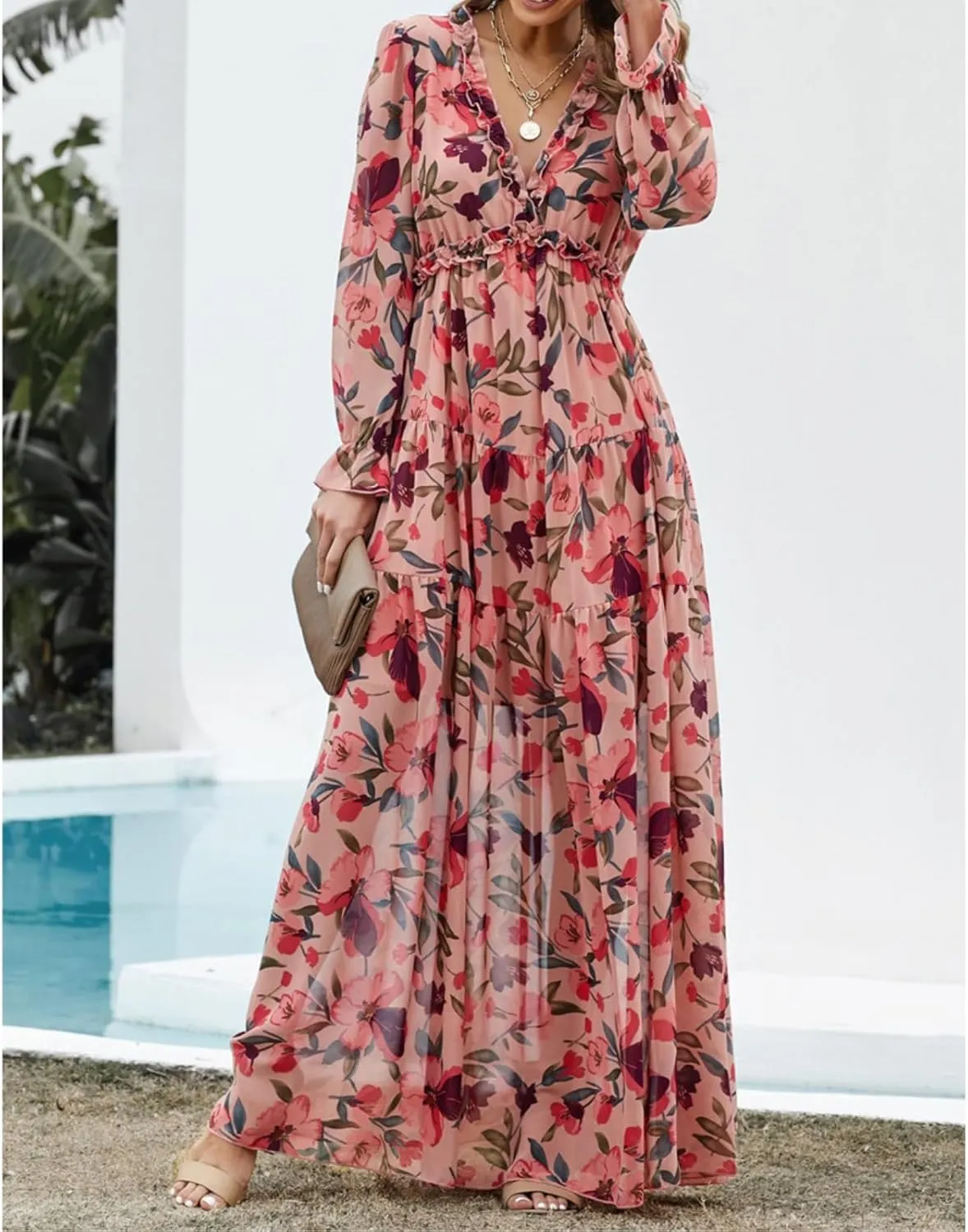 Women Summer Dresses V-Neck Floral Long Dress Casual Puff Sleeve Square Neck Floral Formal Dress
