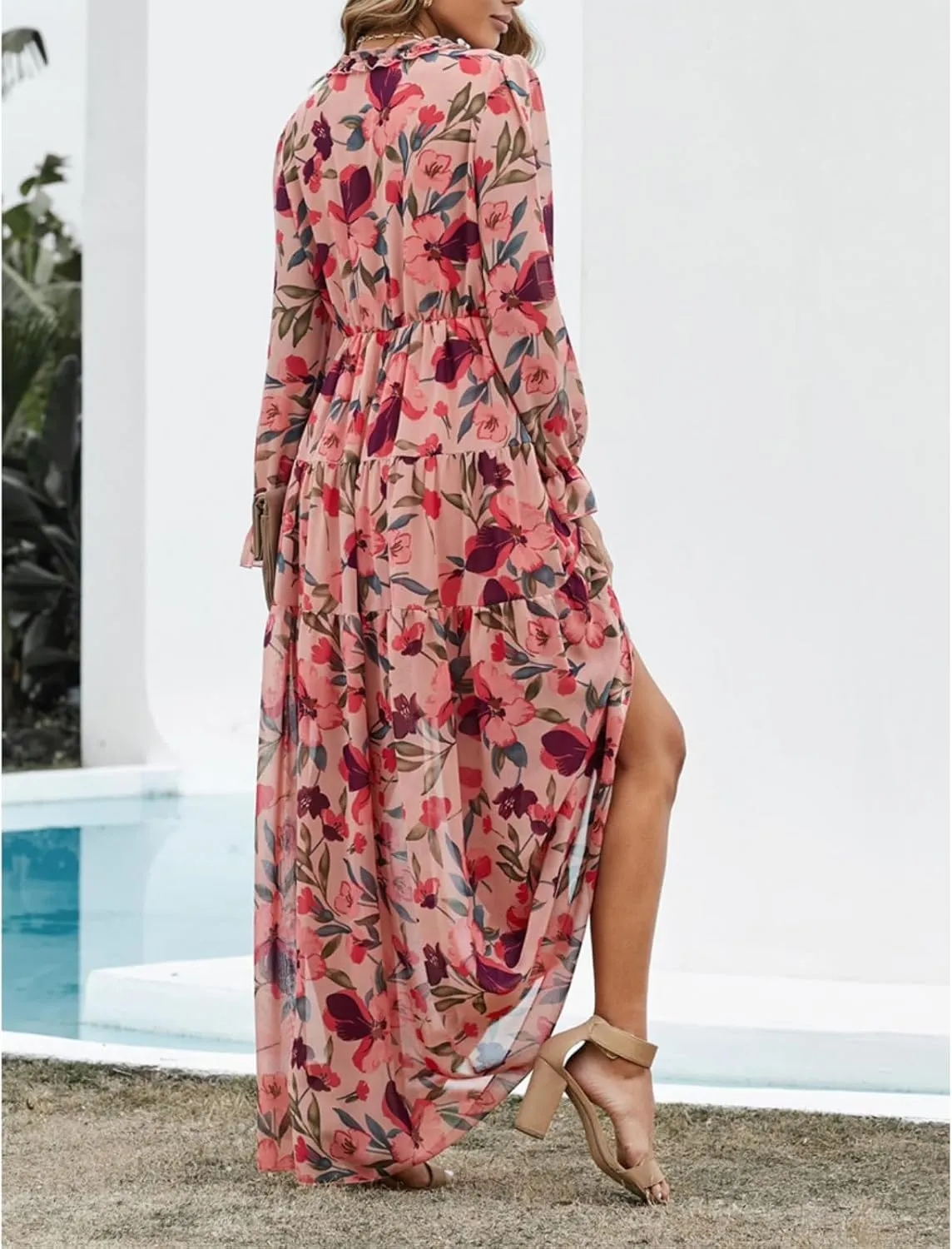 Women Summer Dresses V-Neck Floral Long Dress Casual Puff Sleeve Square Neck Floral Formal Dress