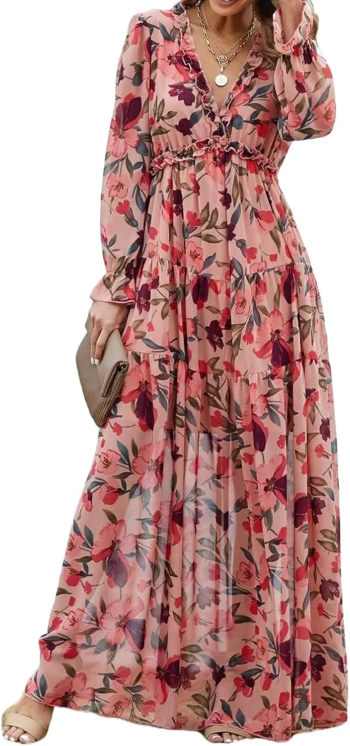 Women Summer Dresses V-Neck Floral Long Dress Casual Puff Sleeve Square Neck Floral Formal Dress