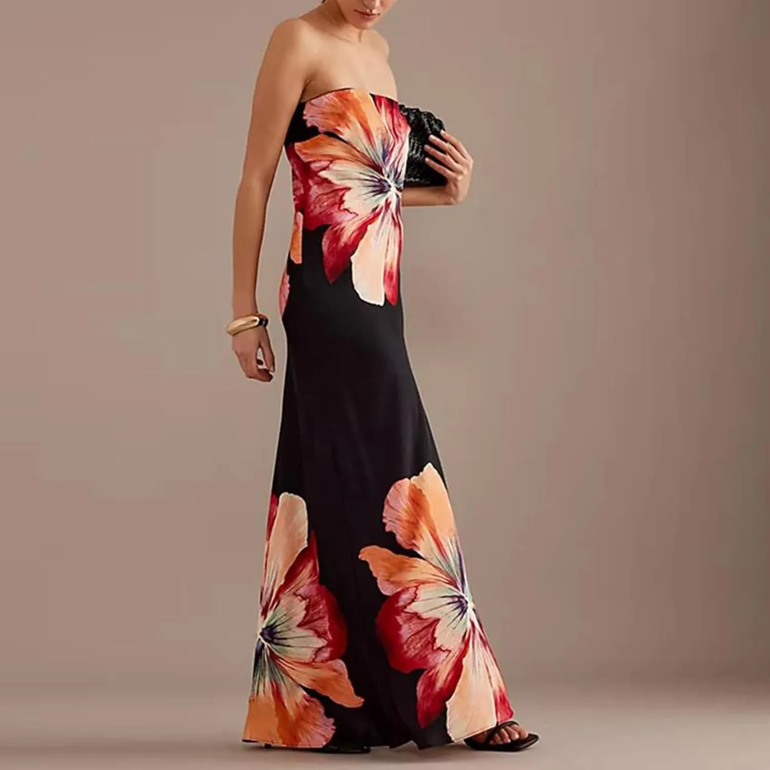 Women Summer Strapless Tube Maxi Dress Y2k Floral Off Shoulder Bodycon Dress Sexy Slip Party Cocktail Long Dress