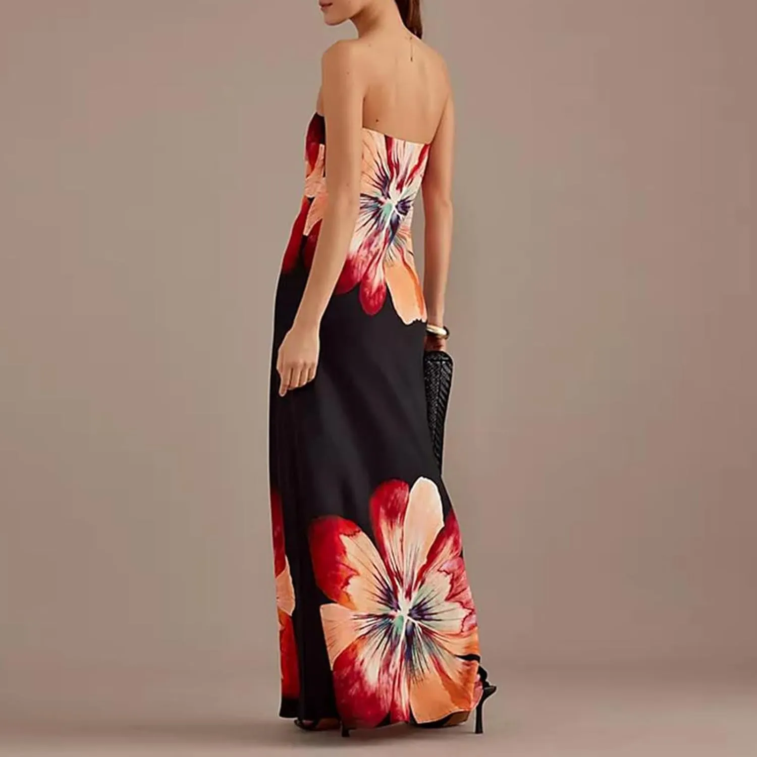 Women Summer Strapless Tube Maxi Dress Y2k Floral Off Shoulder Bodycon Dress Sexy Slip Party Cocktail Long Dress