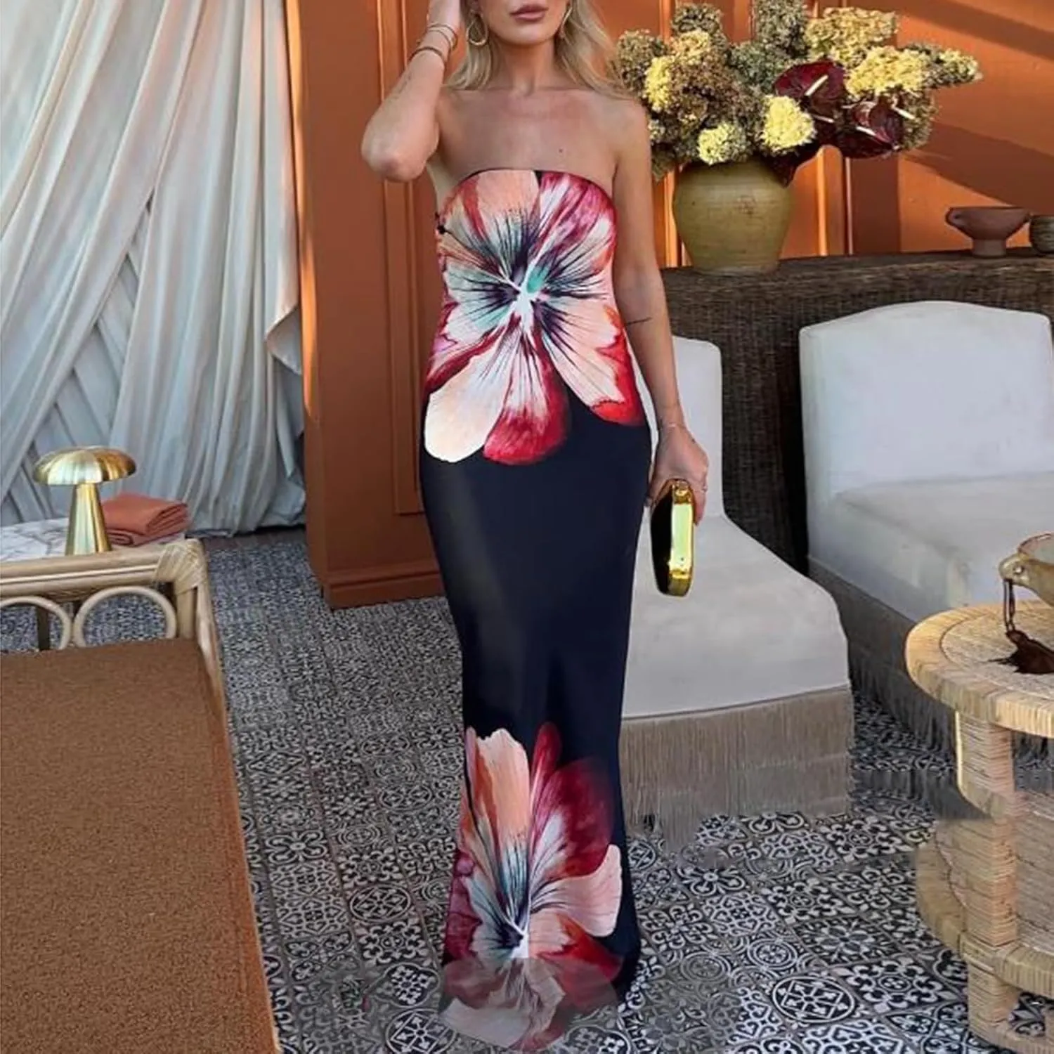 Women Summer Strapless Tube Maxi Dress Y2k Floral Off Shoulder Bodycon Dress Sexy Slip Party Cocktail Long Dress