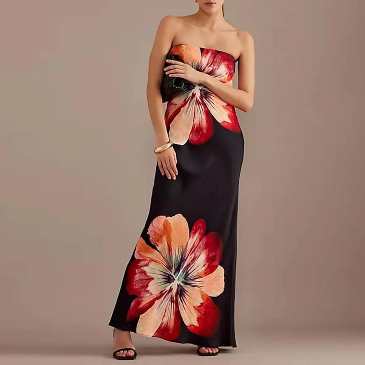 Women Summer Strapless Tube Maxi Dress Y2k Floral Off Shoulder Bodycon Dress Sexy Slip Party Cocktail Long Dress