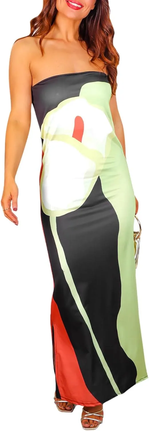 Women Summer Strapless Tube Maxi Dress Y2k Floral Off Shoulder Bodycon Dress Sexy Slip Party Cocktail Long Dress