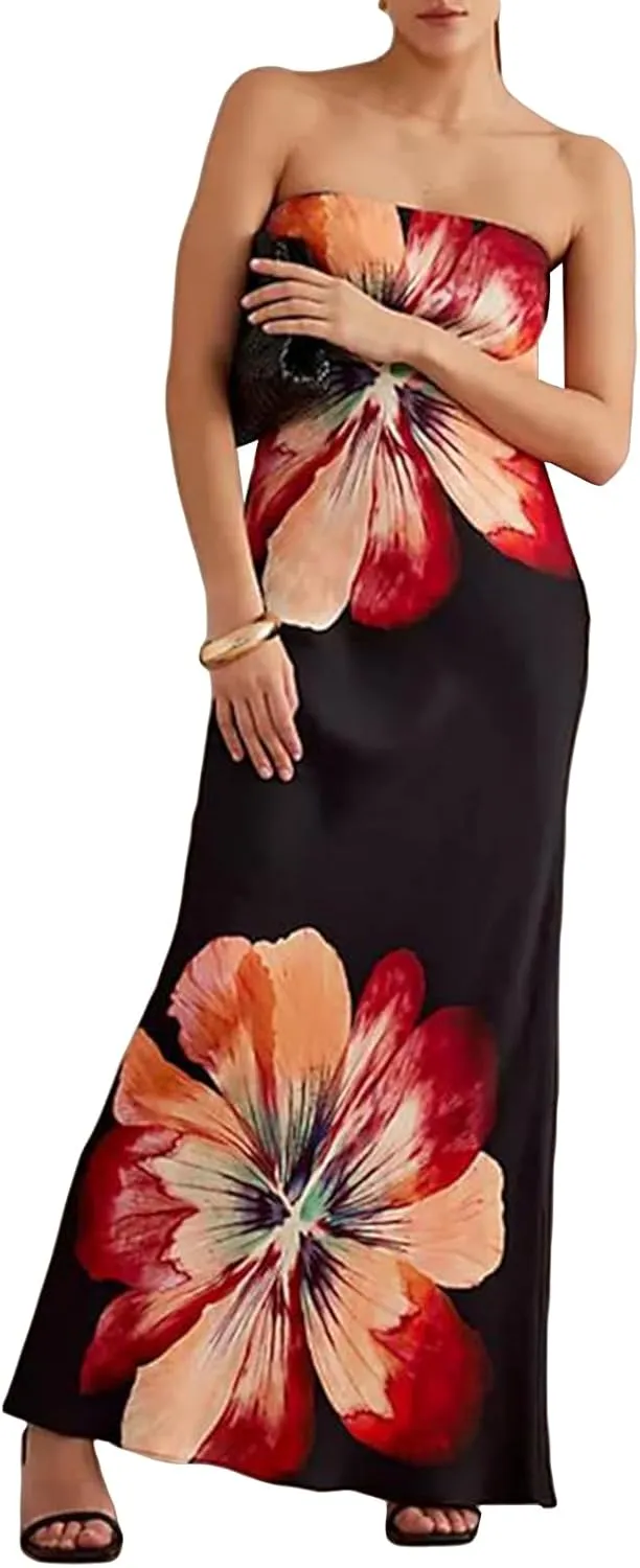 Women Summer Strapless Tube Maxi Dress Y2k Floral Off Shoulder Bodycon Dress Sexy Slip Party Cocktail Long Dress