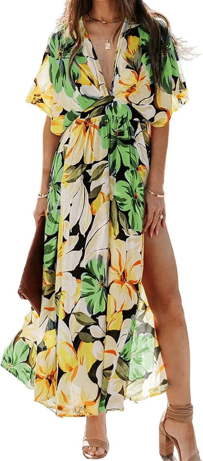 Women's Bohemian Dress Beach Floral Sundress Flowy Boho Midi Dresses Print Side Slit Deep V-Neck Vacation Long Skirts