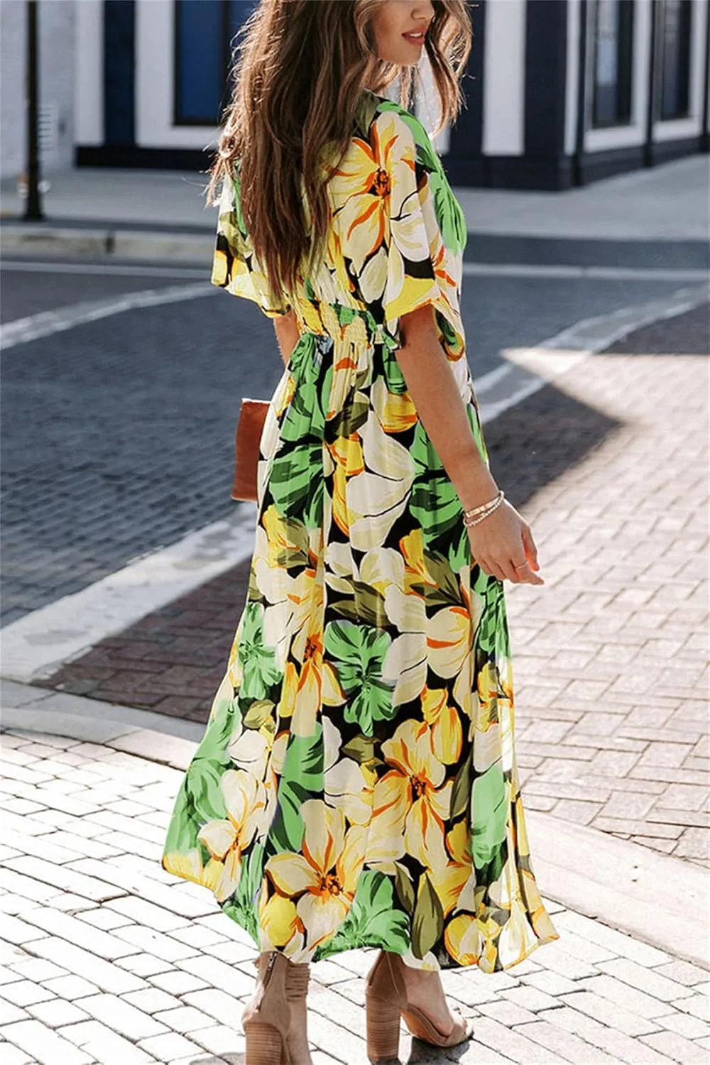 Women's Bohemian Dress Beach Floral Sundress Flowy Boho Midi Dresses Print Side Slit Deep V-Neck Vacation Long Skirts