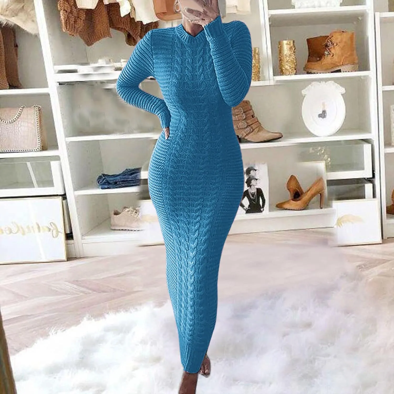 Women's Cable Knit Maxi Dress Warm Ankle Length Sweater Dress Winter Dress Stretch Slim Fit Long Sleeve O-Neck Dress