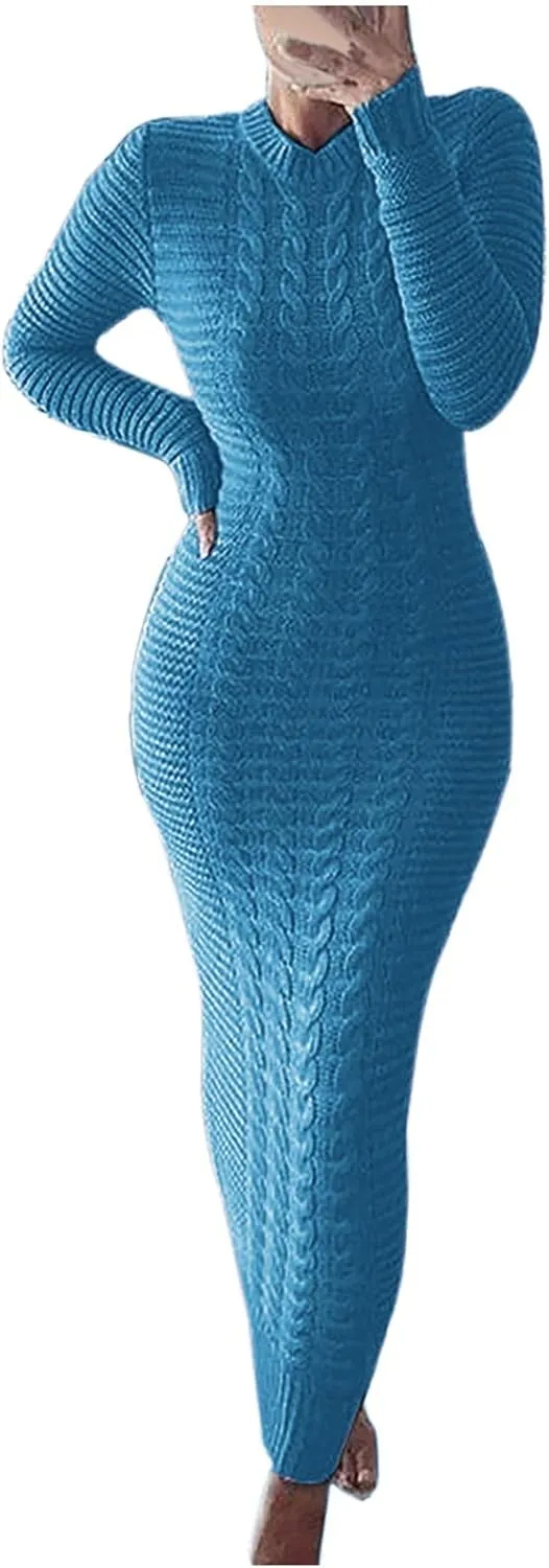 Women's Cable Knit Maxi Dress Warm Ankle Length Sweater Dress Winter Dress Stretch Slim Fit Long Sleeve O-Neck Dress