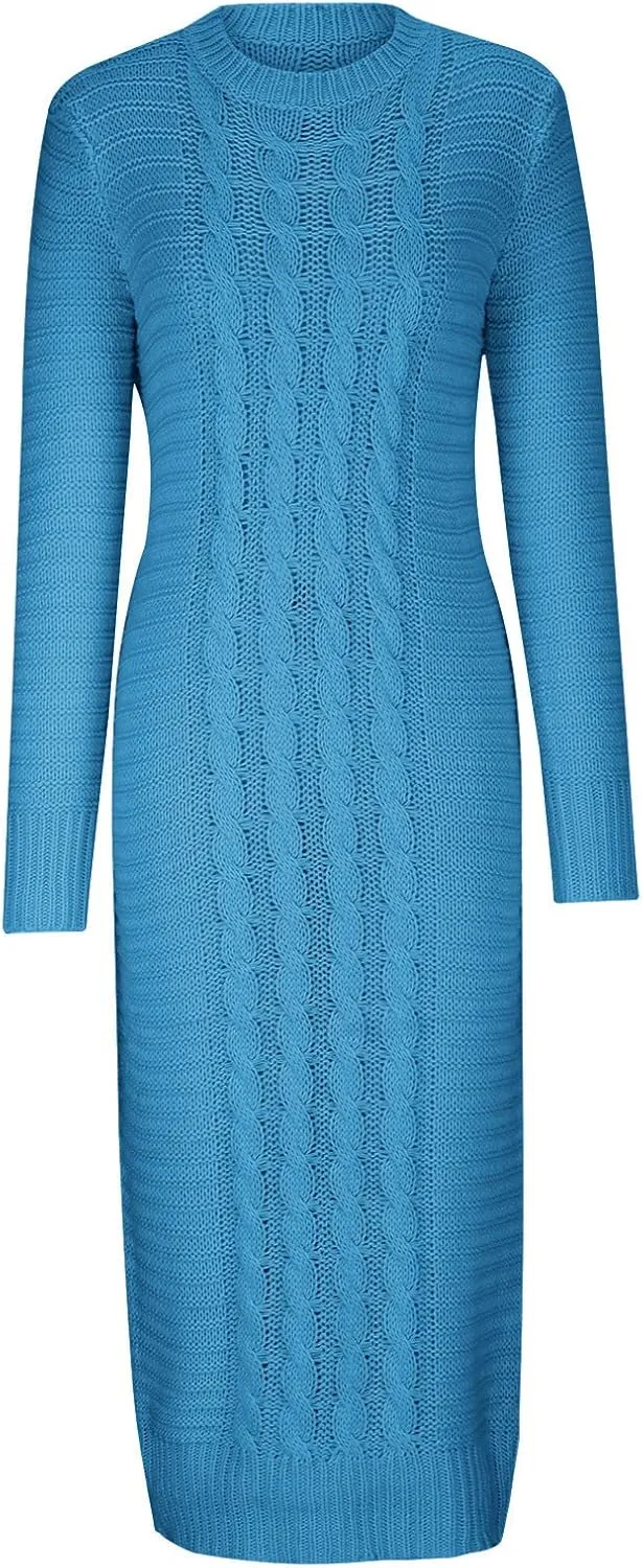 Women's Cable Knit Maxi Dress Warm Ankle Length Sweater Dress Winter Dress Stretch Slim Fit Long Sleeve O-Neck Dress