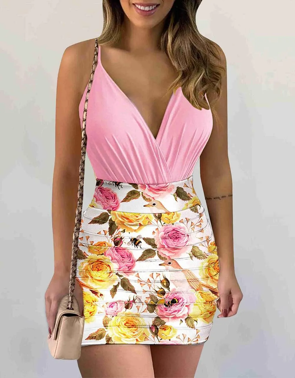 Women's Deep V Neck Spaghetti Strap Floral Print Bodycon Mini Dress Evening Party Dress