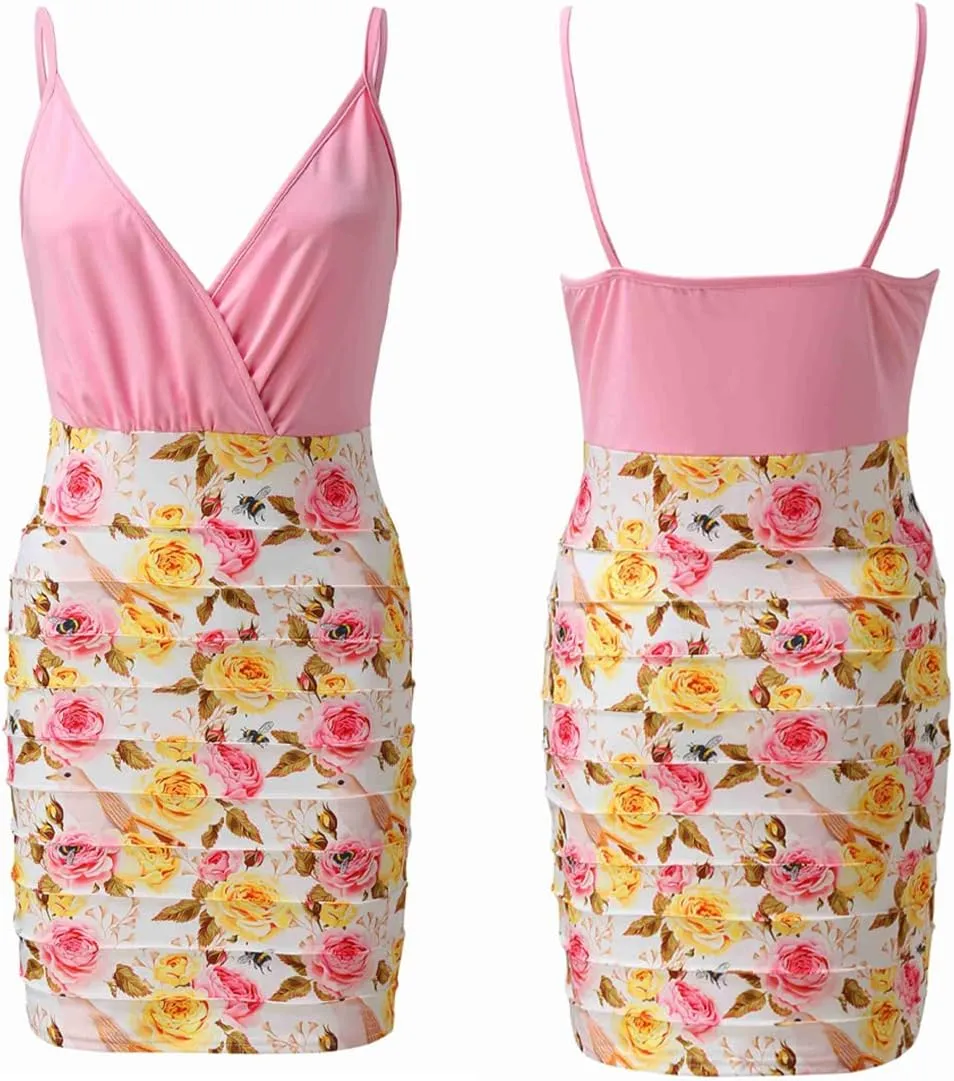 Women's Deep V Neck Spaghetti Strap Floral Print Bodycon Mini Dress Evening Party Dress