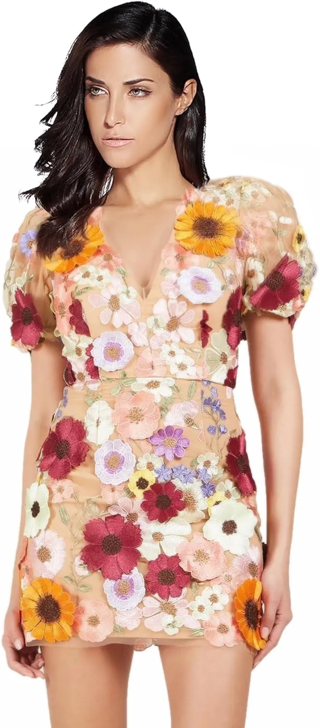 Women's Floral Embroidery Mini Dress Wedding Guest Dress Puff Sleeve V-Neck Lace Bodycon Evening Party Cocktail Dress