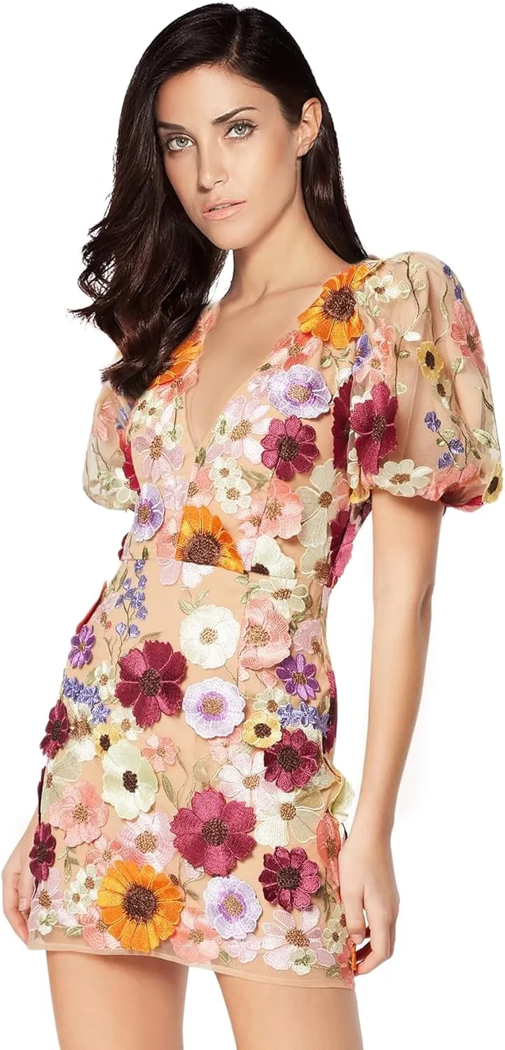 Women's Floral Embroidery Mini Dress Wedding Guest Dress Puff Sleeve V-Neck Lace Bodycon Evening Party Cocktail Dress