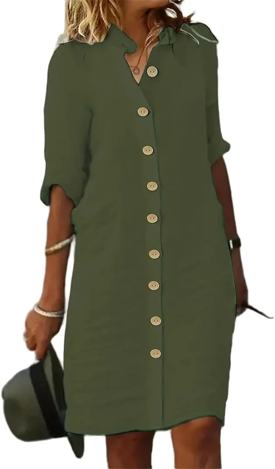 Women's Midi Shirt Dress Cotton Linen Skirt Summer Beach Cover-up Half Sleeve V-Neck Button Business Casual Dresses