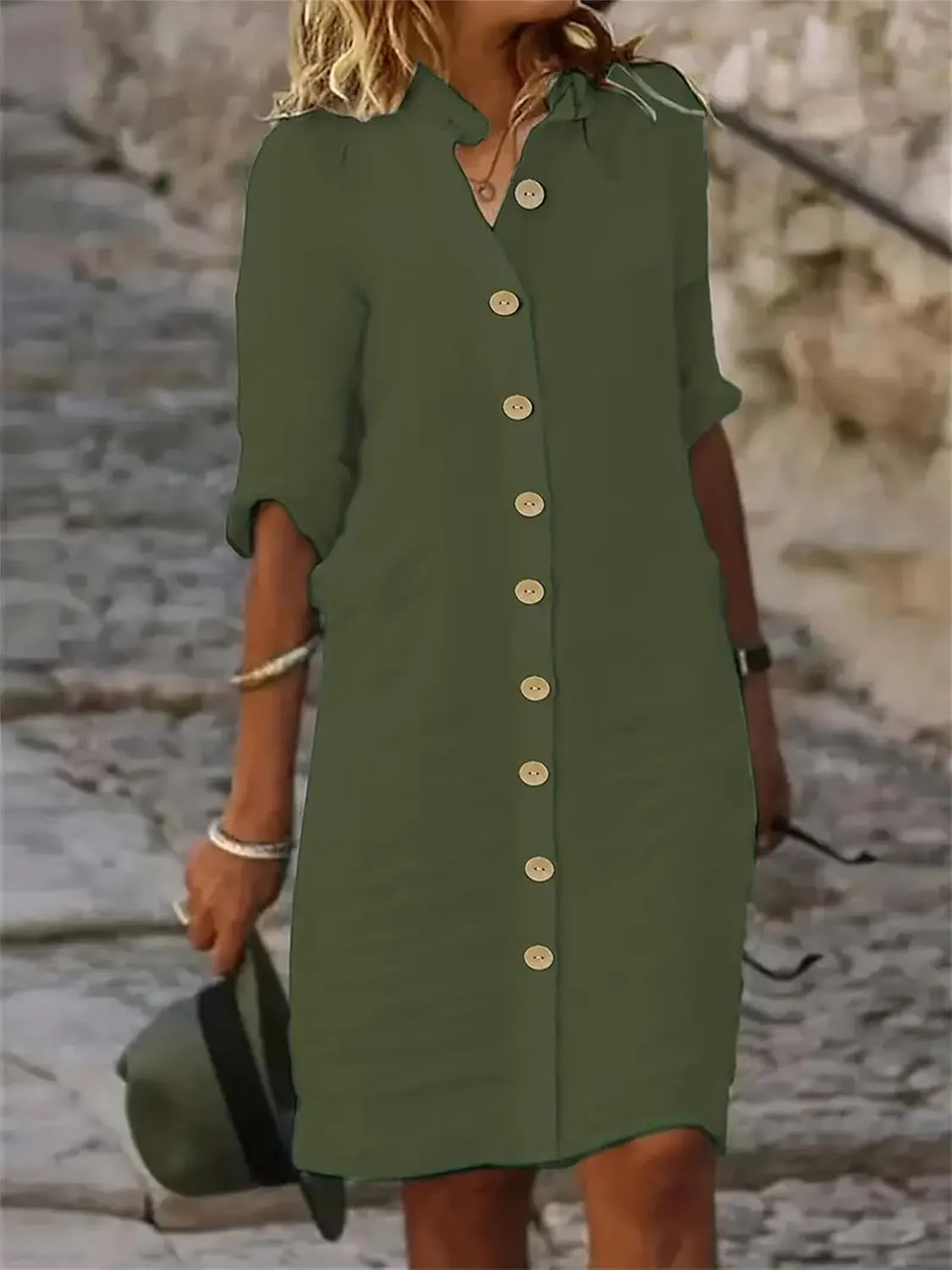 Women's Midi Shirt Dress Cotton Linen Skirt Summer Beach Cover-up Half Sleeve V-Neck Button Business Casual Dresses
