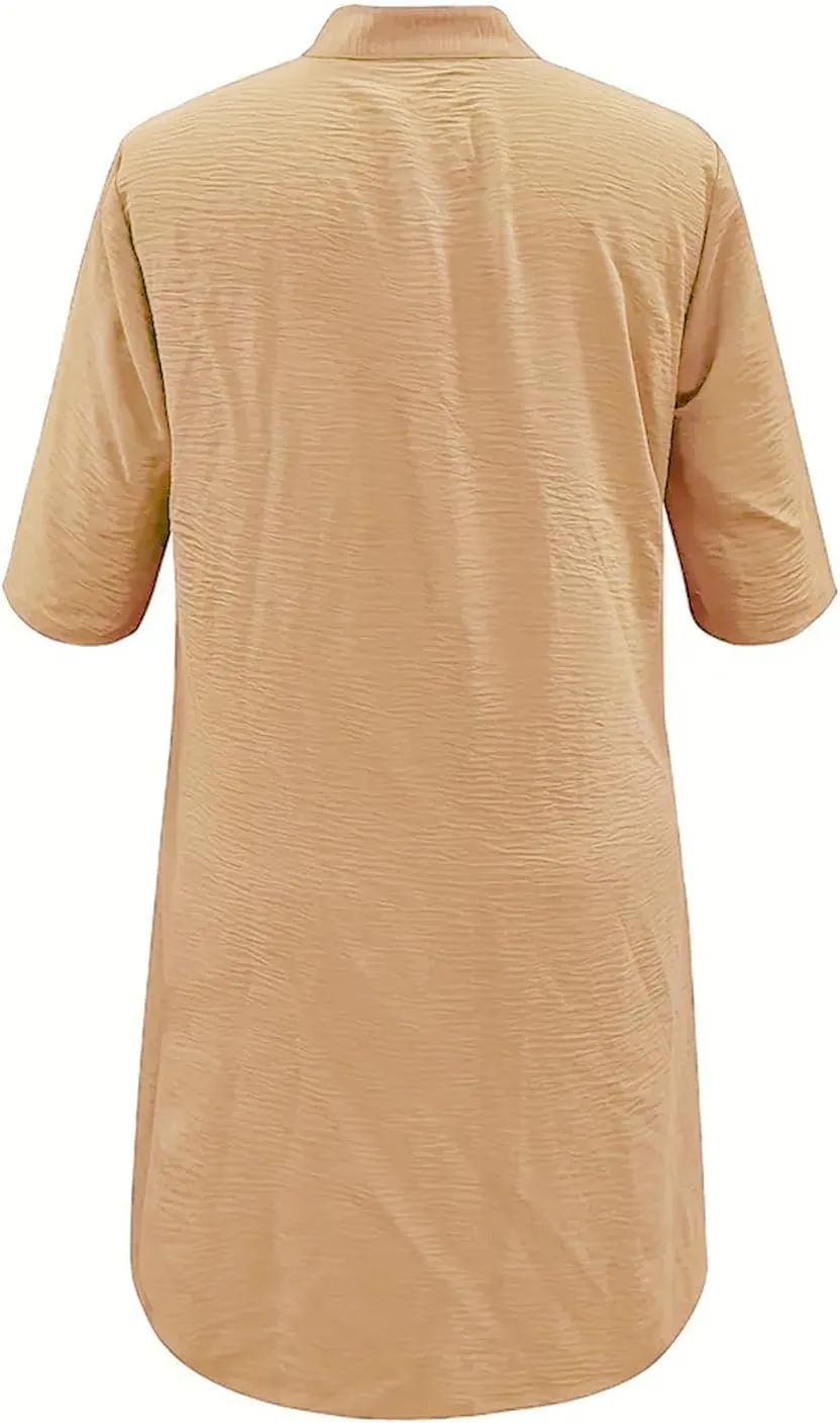 Women's Midi Shirt Dress Cotton Linen Skirt Summer Beach Cover-up Half Sleeve V-Neck Button Business Casual Dresses