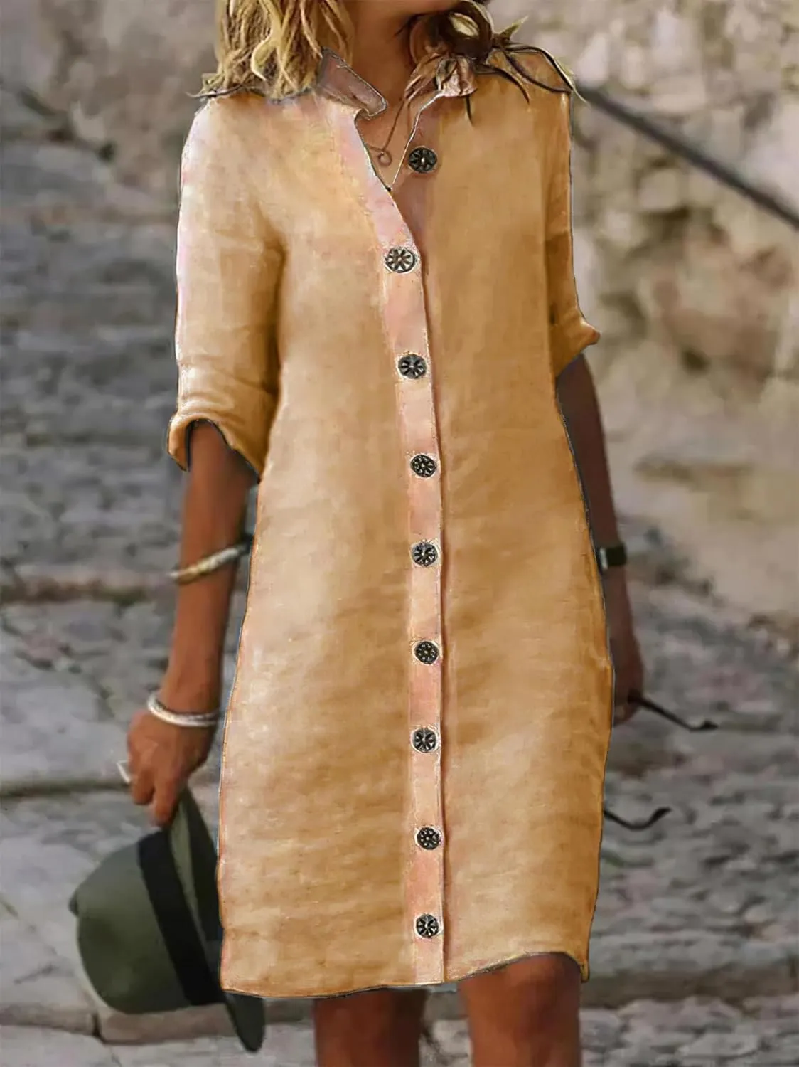 Women's Midi Shirt Dress Cotton Linen Skirt Summer Beach Cover-up Half Sleeve V-Neck Button Business Casual Dresses