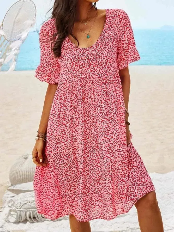 Womens Summer Dress Casual Loose Flowy Swing Boho Ditsy Floral Dress V Neck Short Sleeve Summer Beach Mini Dress