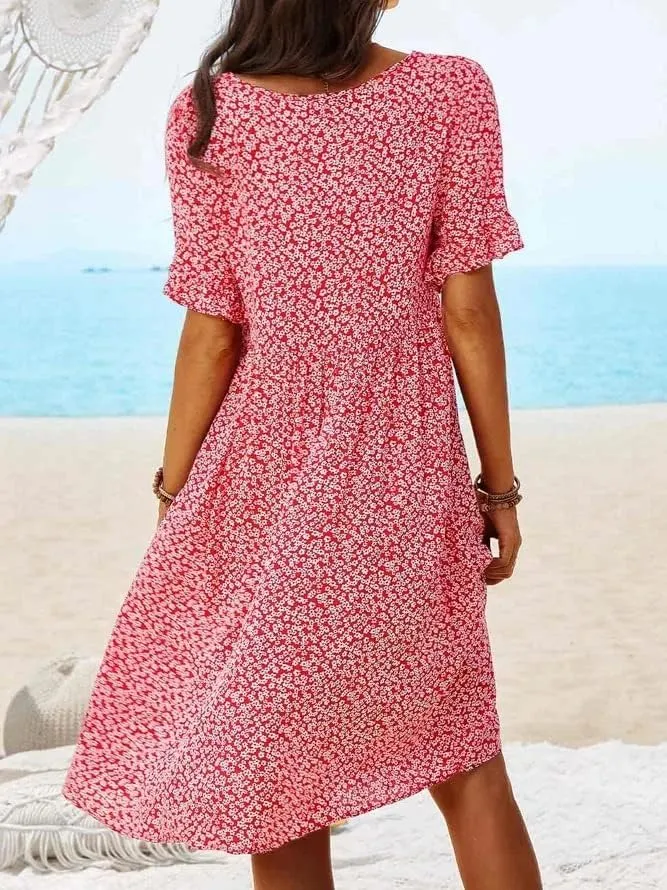 Womens Summer Dress Casual Loose Flowy Swing Boho Ditsy Floral Dress V Neck Short Sleeve Summer Beach Mini Dress