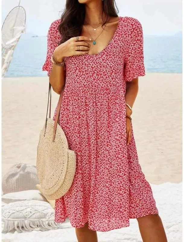 Womens Summer Dress Casual Loose Flowy Swing Boho Ditsy Floral Dress V Neck Short Sleeve Summer Beach Mini Dress